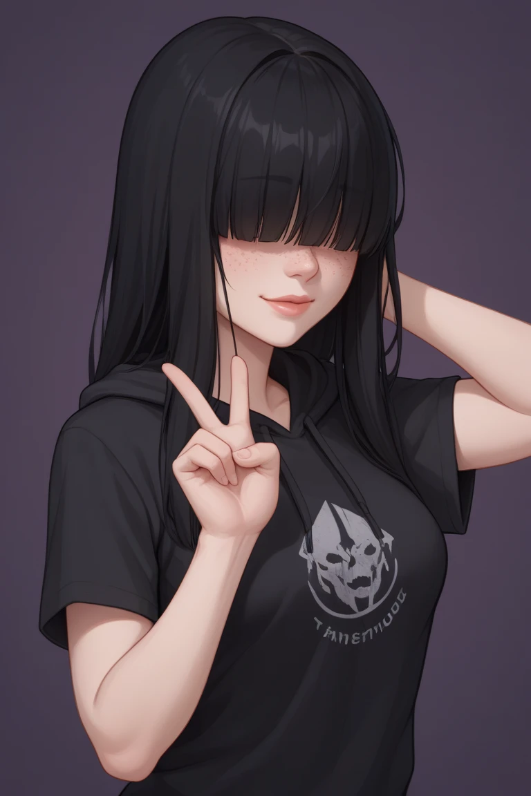 cyboii, 1girl, solo, v, dark background, purple background, medium breasts, black hair, hime cut, long hair, hair over eyes, seductive smile, looking at viewer, freckles, black hoodie, short sleeves, presenting, portrait, 
masterpiece, best quality