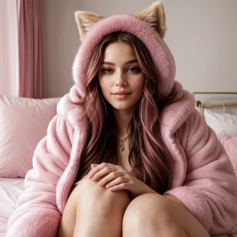 arafed woman in a pink fur coat sitting on a bed, pink fur, pink fox, coat for a rave with fur, pink fluffy fur, covered in soft fur, hooded fur coat, fluffy fluffy fur, wearing a luxury fur coat, fur attire, with soft pink colors, pink girl, fluffy very t...