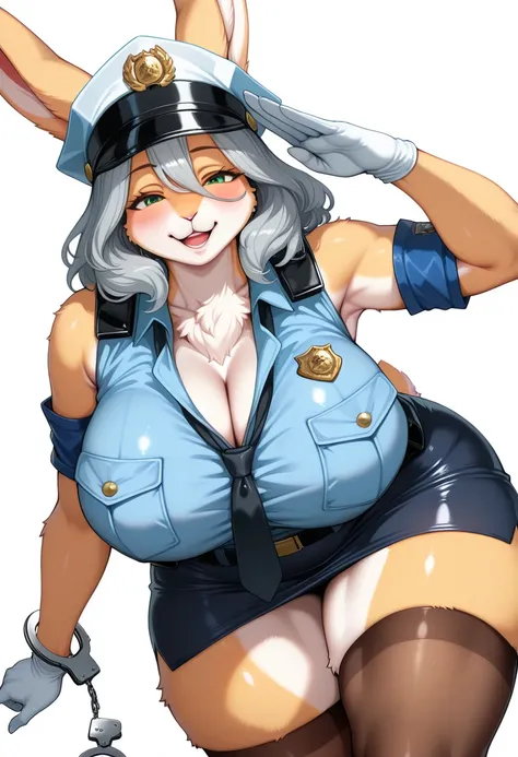 1girl, (furry, kemono:1.4), rabbit girl, animal nose, rabbit ears, breasts, solo, green eyes, gloves, grey hair, police uniform, police, white gloves, skirt, hat, necktie, thighhighs, shirt, policewoman, salute, looking at viewer, medium hair, smile, polic...