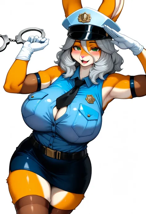 1girl, (furry, kemono:1.4), rabbit girl, animal nose, rabbit ears, breasts, solo, green eyes, gloves, grey hair, police uniform, police, white gloves, skirt, hat, necktie, thighhighs, shirt, policewoman, salute, looking at viewer, medium hair, smile, polic...