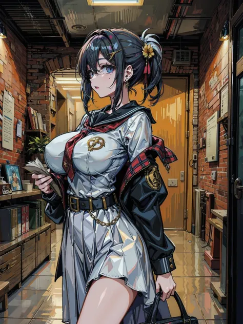 ultra-detailed description, narrow waist, mole under eyes, cowboy shot, earring, huge breasts, half updo, hair ornament, medium hair, black hair, solo, school uniform, indoor,