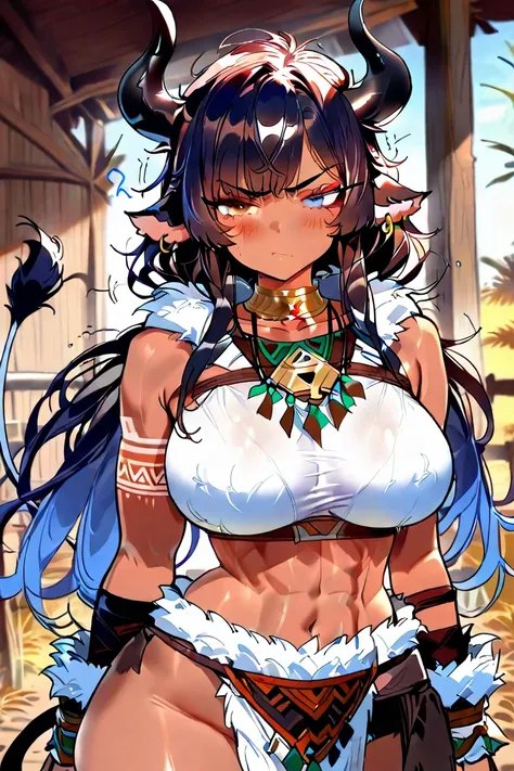 1girl, female minotaur, dark-skinned woman, long hair, dusty black hair, heterochromia (((brown left eye)(blue right eye))), small bull horns, cow tail, annoyed expression, grumbling, tall, big breasts, wide hips, bulky physique, muscular, tribal, fur clot...