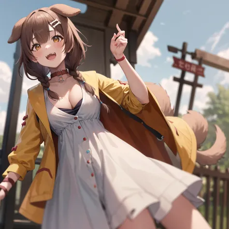 masterpiece, best quality, highres, ik1, 1girl, white dress, yellow jacket, dog tail, animal collar, cleavage, medium breasts, wristband, cartoon bone, hairclip, fangs, cowboy shot,