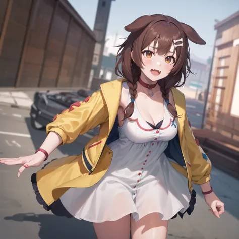 masterpiece, best quality, highres, ik1, 1girl, white dress, yellow jacket, dog tail, animal collar, cleavage, medium breasts, wristband, cartoon bone, hairclip, fangs, cowboy shot,