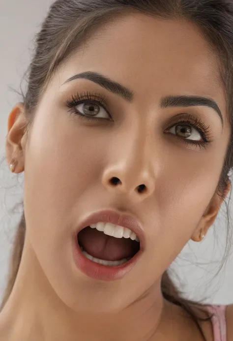 Ultra detailed photo of hindi woman, beautiful girl, highest quality realistic skin, eyes in focus, 30 years old, focus on mouth, open mouth, saliva, open mouth wide, inside of mouth visible, ponytail hair, mouth open wide, uvula visible, mouth open wide y...