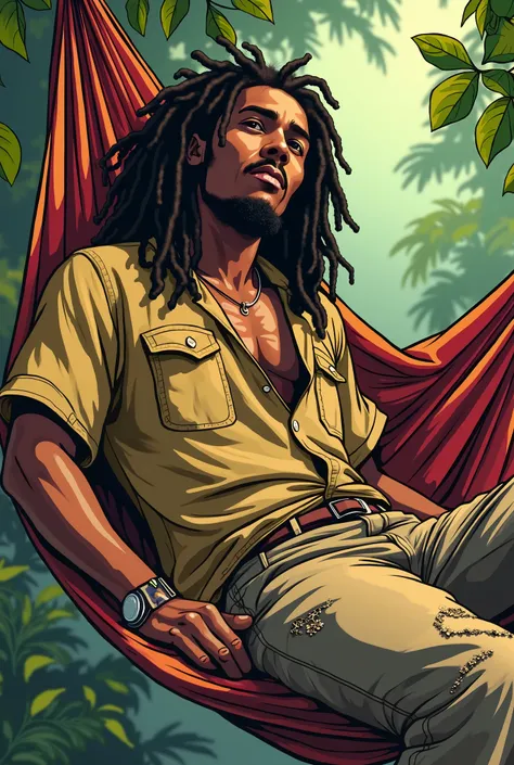 Create very high quality image, Comic book cartoon style: Of a young black Rastafarian haired man, Jamaican style ,  with folded shirt, Beige and torn pants,  lying in the hammock very lazily, On the network side a device plays disco, com o disco do bob ma...