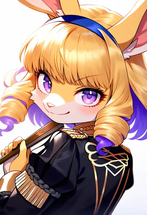 1girl, (furry, kemono:1.4), rabbit girl, animal nose, rabbit ears, hand fan, solo, colored inner hair, blonde hair, purple hair, multicolored hair, hairband, two-tone hair, white background, garreg mach monastery uniform, upper body, long sleeves, simple b...