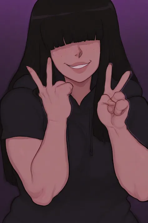 cyboii, 1girl, solo, v, dark background, purple background, medium breasts, black hair, hime cut, long hair, hair over eyes, seductive smile, looking at viewer, freckles, black hoodie, short sleeves, presenting, portrait, 
masterpiece, best quality