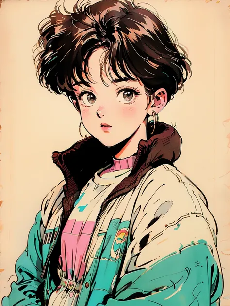  short brown hair , chica, Vintage 90s,   romantic anime style, cardigan, brillo de labios, of 19