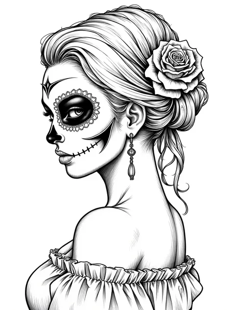  Draw a beautiful Mexican woman with Santa Catrina makeup on her face,  black paint around her eyes , with a single rose in her hair , Ruffle hair ,  Day of the Dead, Mexican tradition,  black color on a white background,   black and white, symmetry,  prof...