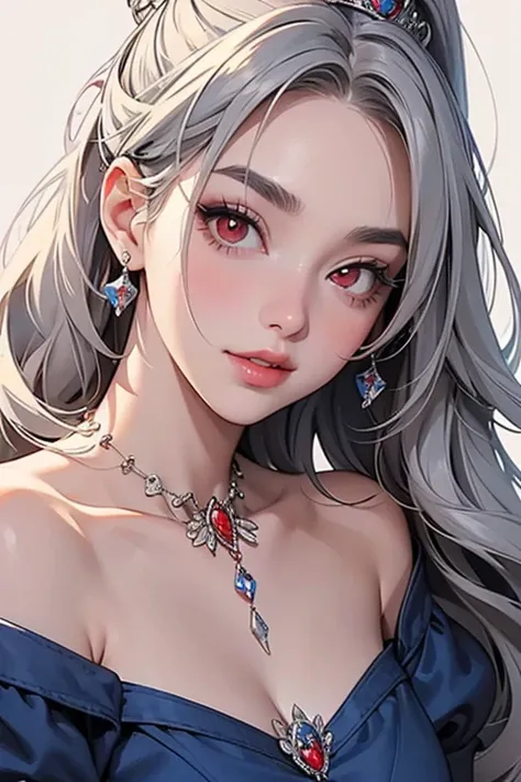 ( best quality,  masterpiece:1.2), ( high resolution,  Greatest Masterpiece).(difficult). very well detailed,  by Nomi:1.37,   fantasy,  illustrations, gray hair、 (( red eyes)). queen,  navy blue dress、 beautiful、 Eye Shadow Red 、Thick eyebrows、long eyelas...