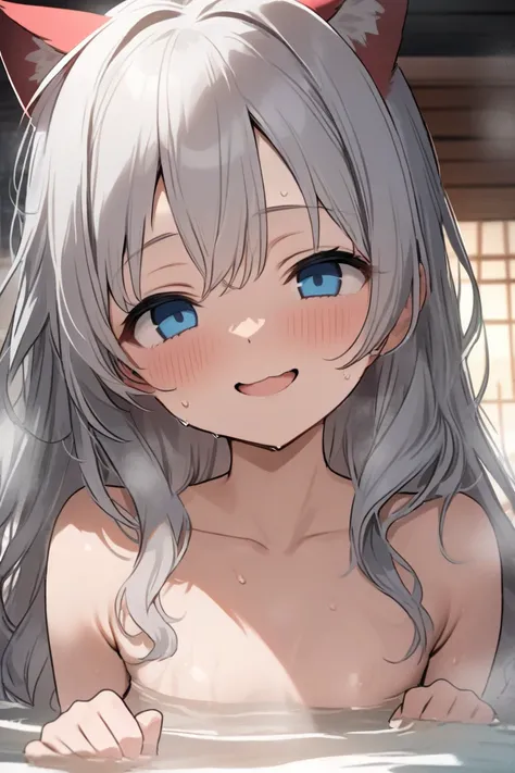 top quality, masterpiece,  high resolution, 8k, (1 girl), Alone,  petite girl, (face shot), (((Silver semi-long hair))), ((( smiles))), Soak in a warm hot spring, (WAVY MOUTH), (close up), ((( toro face))), Beautiful girl with blue eyes and cat ears, steam...