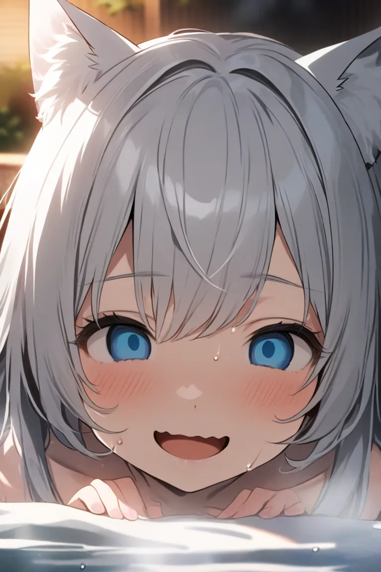 top quality, masterpiece,  high resolution, 8k, (1 girl), Alone,  petite girl, (face shot), (((Silver semi-long hair))), ((( smiles))), Soak in a warm hot spring, (WAVY MOUTH), (close up), ((( toro face))), Beautiful girl with blue eyes and cat ears, steam...