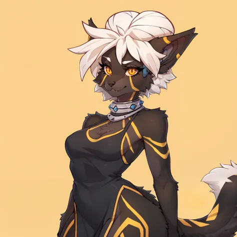 Masterpiece, absurd res, BREAK 
fkwarning, anthro furry wolf girl, white hair, orange eyes, hair bun, black fur, furry, 1girl, solo, tail, yellow markings on tail, neck ring, black dress, side slit, looking at viewer, simple yellow background, standing, na...