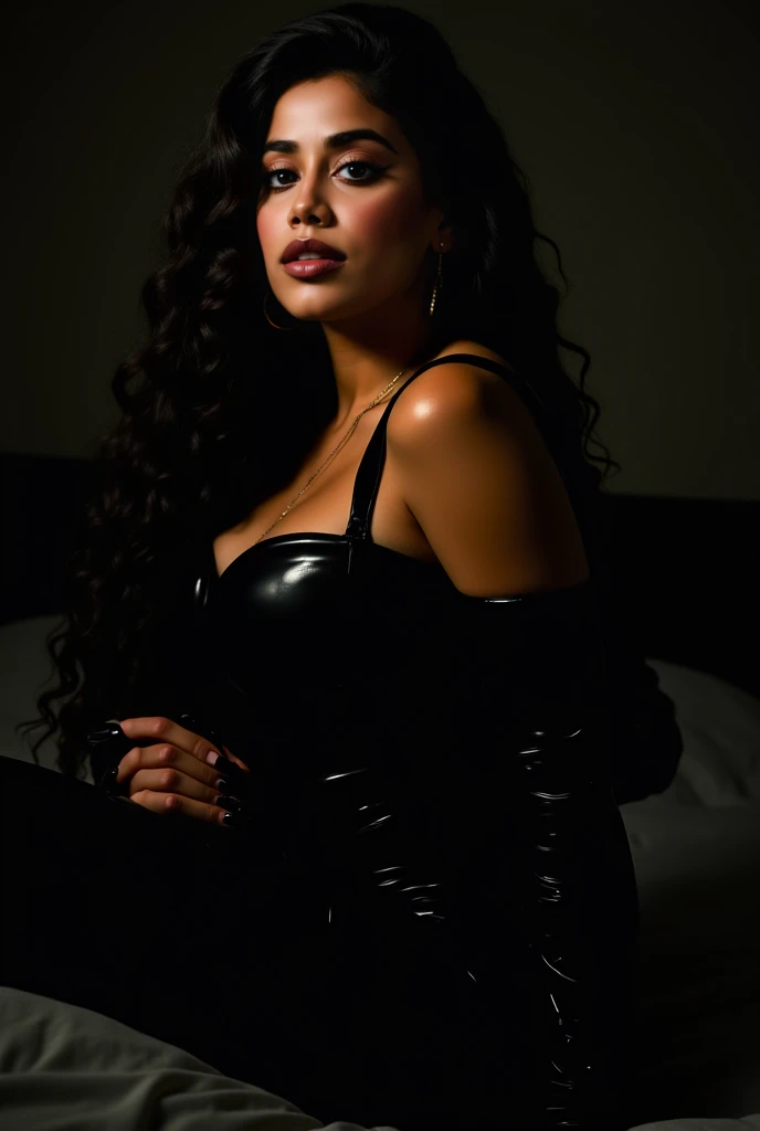 flaming hot janhvi kapoor in matter black latex out with laying on bed. black lipstick, black nail, long beautiful hair. huge breasts and huge hips with a small waist. janhvi kapoor