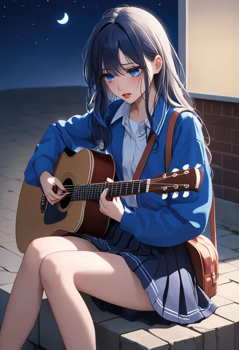 A girl, school outfits, , cute , blue beautiful eyes and hair,lip gloss, sitting on a block, playing guitar, midnight Tearing Up, Tears, Sad, 