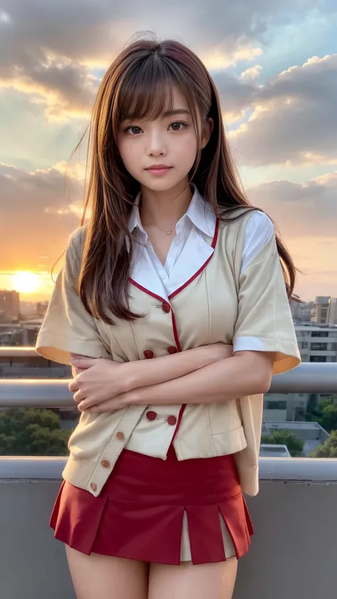  Masterpiece, top quality, high resolution,( by Nomi,photo  by Nomi:1.37), anatomically accurate。
rooftop, dim sky,((Bright Red Sunset:1.5)),(In the Wind :1.5), 1 Young and Beautiful Japanese Woman , high school girl,(well-proportion:1.3),smile。
cowboy sho...