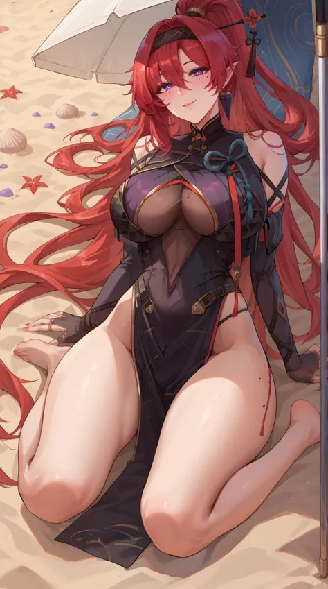 ((Yinlin, red hair, mole under eye, purple eyes, pelvic curtain, dress, hair stick, hair ornament)), 1girl, huge breasts, huge butt, thick thighs, sensual woman, mature female, blushes, cleavage, full body, source_anime, quality_masterpiece, anatomically c...