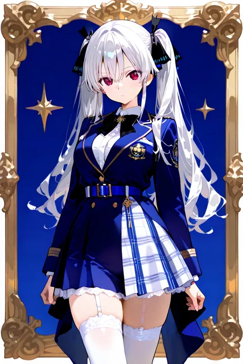 MASTERPIECE, BEST QUALITY, ULTRA DETAILED, HIGH DEFINITION, ILLUSTRATION, HYPER DETAILED, ALONE, 1girl, slender, medium breasts, platinum white hair, dark red eyes, long hair, high ponytails, sides tied with black ribbon. Outfit: navy blue blazer jacket, w...