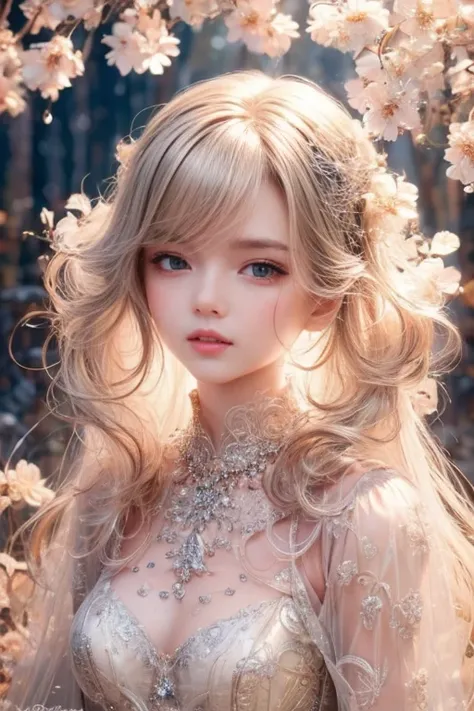 ( best quality:1.4),( masterpiece:1.4), very detailed,8k,CG, exquisite, upper body, lonely,,Little Princess, Loose Coat Dress, garden background ,  detailed facial features , long curl hair , ALMOND EYE,Subtle eye makeup,Long Curling Lashes ,Shining starry...