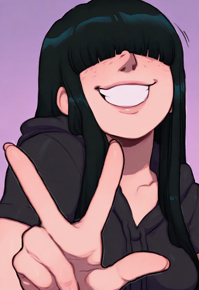 cyboii, 1girl, solo, v, lavender background, medium breasts, black hair, hime cut, long hair, hair over eyes, seductive smile, looking at viewer, freckles, black hoodie, short sleeves, presenting, portrait, 
masterpiece, best quality