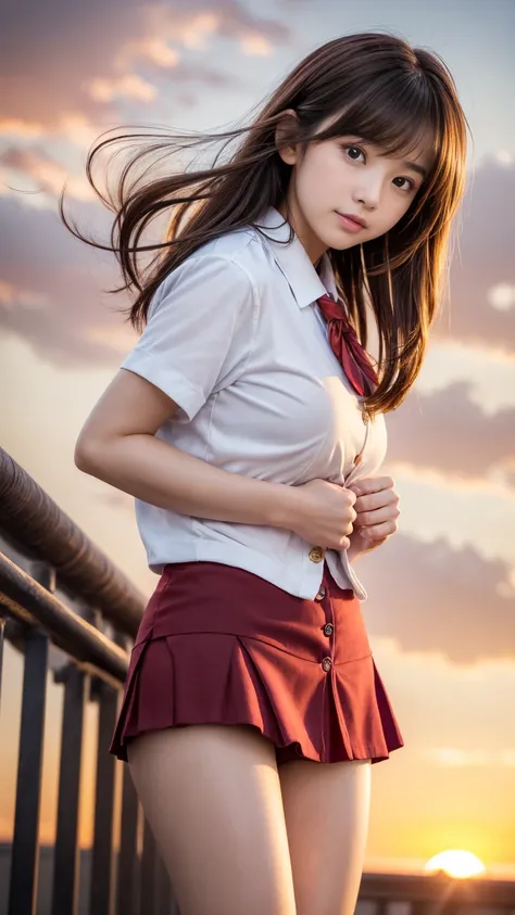  Masterpiece, top quality, high resolution,( by Nomi,photo  by Nomi:1.37), anatomically accurate。
rooftop, dim sky,((Bright Red Sunset:1.5)),(In the Wind :1.5), 1 Young and Beautiful Japanese Woman , high school girl,(well-proportion:1.3),smile。
cowboy sho...