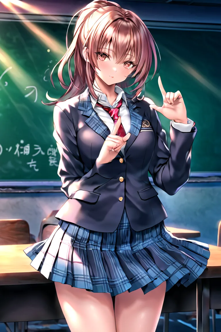 ( best quality:1.2,   anime artwork ,   anime style,   studio animation ,  very well detailed,  latest,  vibrant,  anime coloring,  high contrast,  masterpiece:1.2,  best quality,  Best Aesthetics),   blue plaid pleated skirt  :1.5,  Red Necktie :1.5, Blac...