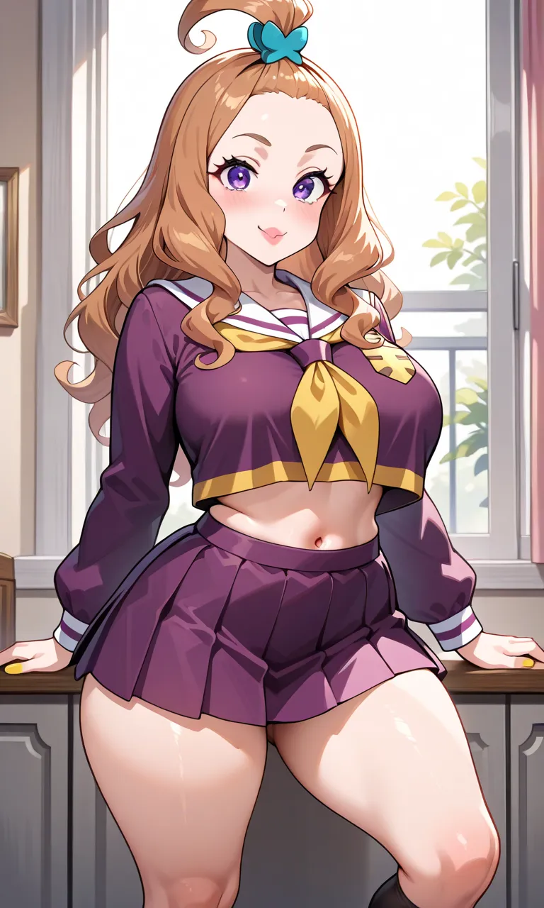 (masterpiece, best quality, ultra-detailed, very aesthetic), questionable, newest
,
1 girl, solo, (teramori-ageha), (purple eyes, eyelashes, brown hair, long hair, curly hair, bangs pinned back, forehead, hair ornament, pink thick lips, lipstick), (cute), ...