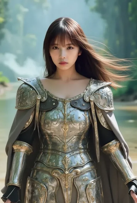 "An epic fantasy warrior woman striking a powerful pose in front of the camera. She is wearing intricately designed armor with silver and gold accents, a flowing cape, and a sword at her side. Her long hair flows in the wind, and she has a determined look ...