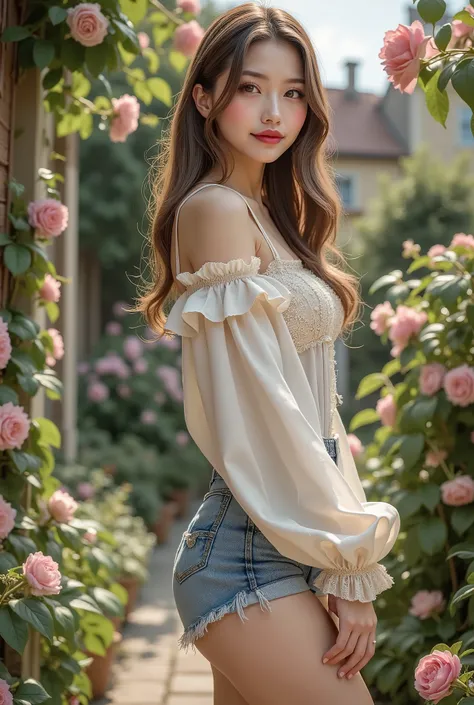 Photorealistic, hyper-high resolution digital portrait of a woman standing in a garden, dressed in elaborately detailed clothes. Focus on hyper-realistic proportions: 1.3. The woman wears a bold, feminine, elaborately detailed dress, matched with a delicat...