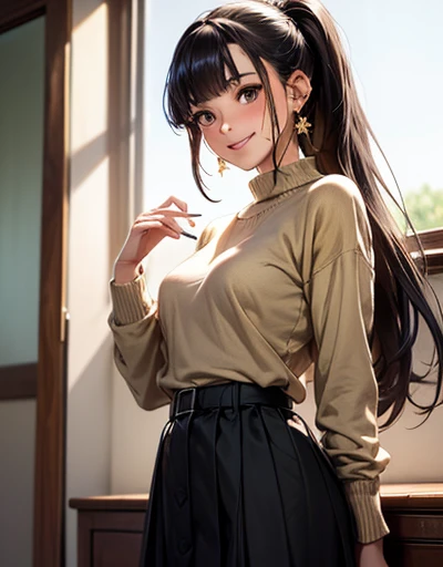 Takane Manaka, shiny brown long hair, ponytail with white ribbon, beautiful brown eyes, smiling face, sparkling pupils, (fine grain), highly detailed eyes, highly detailed face, highly detailed eyes,, (masterpiece:1.2, best quality), 1 girl, cowboy shot,, ...