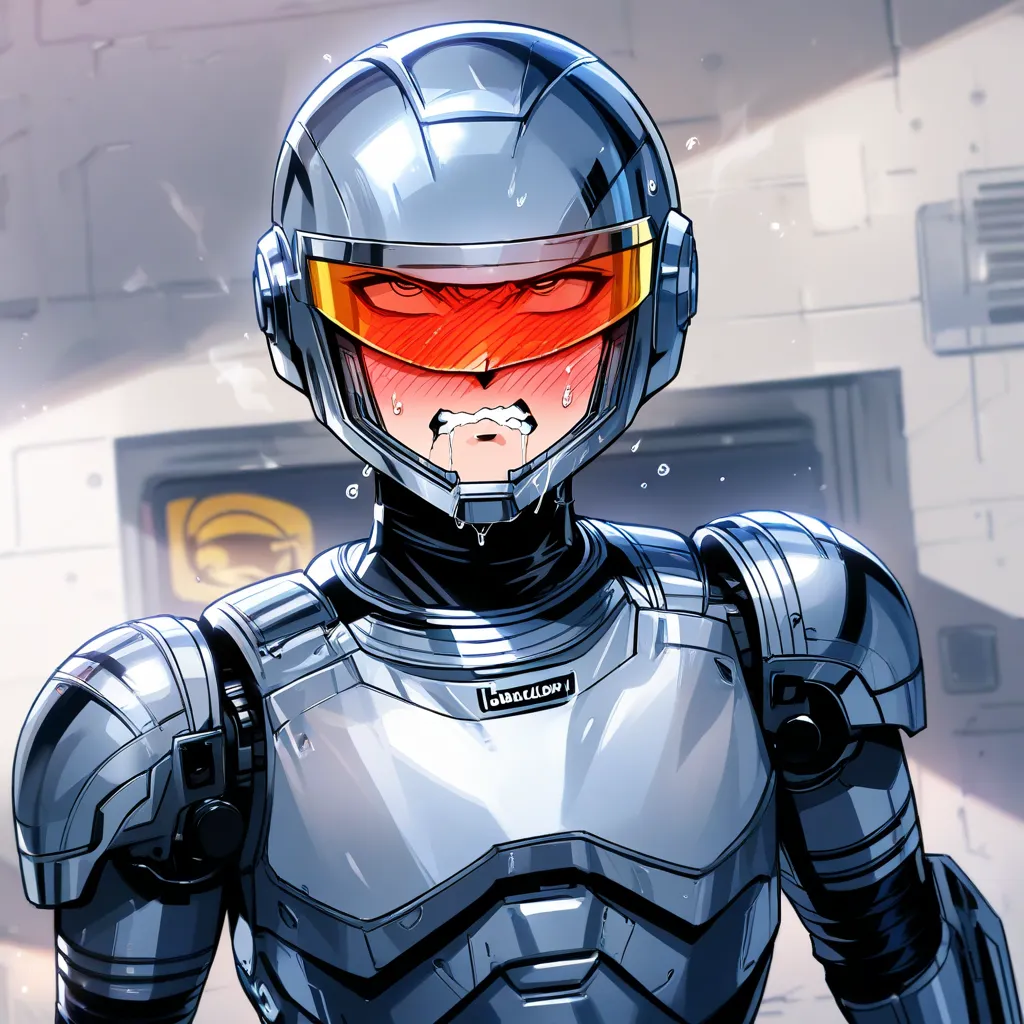 Femboy, Robocop, Pretty face, Beauties, Lean and muslular, fullface blush, wavy mouth, clenched mouth, rolling eyes, saliva, sweat,boy, short hair, fullface blush, wavy mouth, clenched mouth, rolling eyes, saliva, sweat, , solo, assault visor, cyborg, scie...