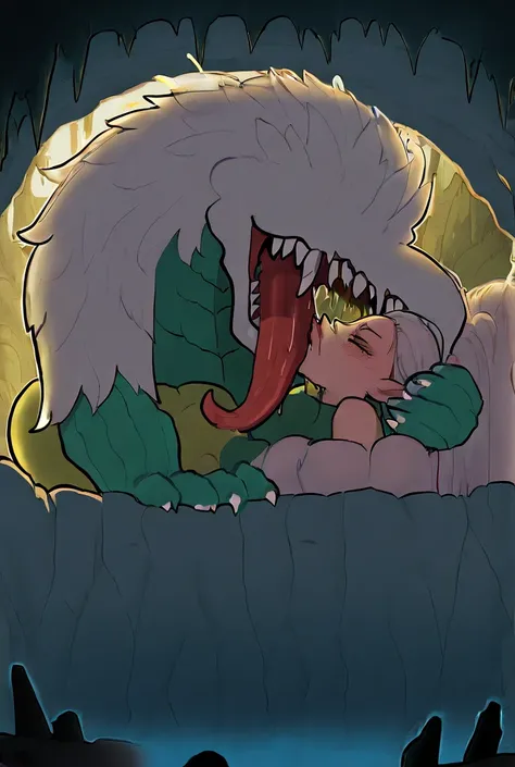  Couple, one dragon, one woman, in a cave, in the forest, kissing, beautiful, love, big dragon monster, size difference, male dragon, female elf, deep kiss, monster lover, in love, interspecies, pinned kiss, long dragon tongue, dragon lover, happy, full bo...