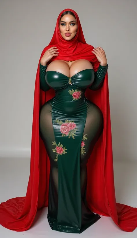 Muslim women wearing the long shiny latex red veil, big breasts, show dark green transpatent shiny latex long dress, Mature woman, aunty, green floral slit skirt, booty, 