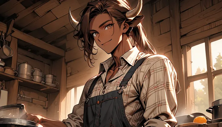 solo, close up, male, broad shoulders, bull horns, very tall male, tan skin, very long brown hair, ponytail, brown eyes, young male, farmhouse, plaid shirt, button up shirt, overalls, apron, toned, bulky body, muscular, cow tail, thin waist, wide smile, fr...