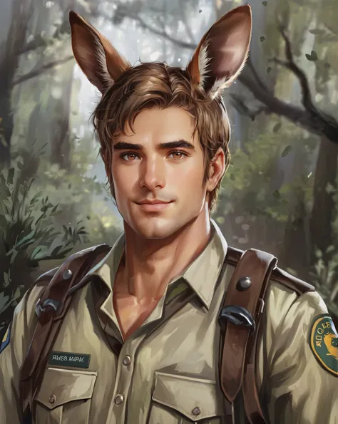 semi-realistic, digital artwork, detailed, high quality, male, human kangaroo hybrid. Handsome, olive skin, brown eyes medium-brown hair. Wearing a forest ranger uniform, in front of a slightly out of focus forest background. He looks friendly and approach...