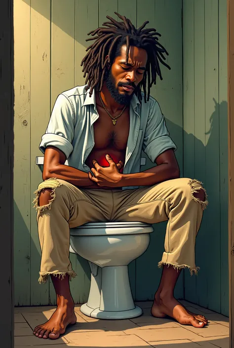 Create very high quality image, Comic book cartoon style: Of a young black Rastafarian haired man, Jamaican style , with ripped beige pants, folded shirt, sitting on the toilet,  with a stomach ache , Old wooden bathroom, Very poor old white  