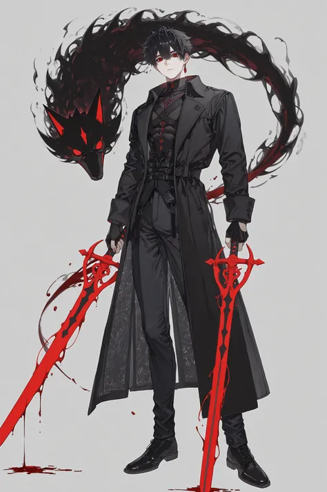 masterpiece, best quality, amazing quality, very aesthetic, suou (sdurorhr), ningen mame, (ciloranko:0.7), 1boy, Kuroki Ren, red eyes, black hair, short hair, single red earring, muscular, sexy man, handsome, black fingerless gloves, fantasy clothes, black...