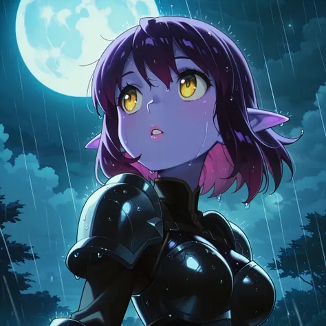 masterpiece, best quality, amazing quality, (Anime Screencap:1.2). BREAK. 1girl, pointy ears, solo, colored skin, rain, night, yellow eyes, moon, purple skin, armor, short hair, upper body, breasts, purple hair, outdoors, wet, parted lips, elf, medium brea...