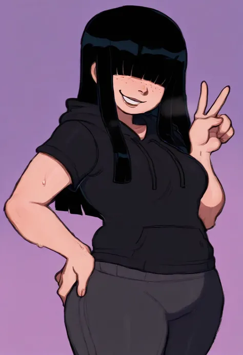 cyboii, 1girl, solo, v, lavender background, medium breasts, black hair, hime cut, long hair, hair over eyes, seductive smile, looking at viewer, freckles, black hoodie, short sleeves, black sweat pants, standing, hand on own hip
masterpiece, best quality,...