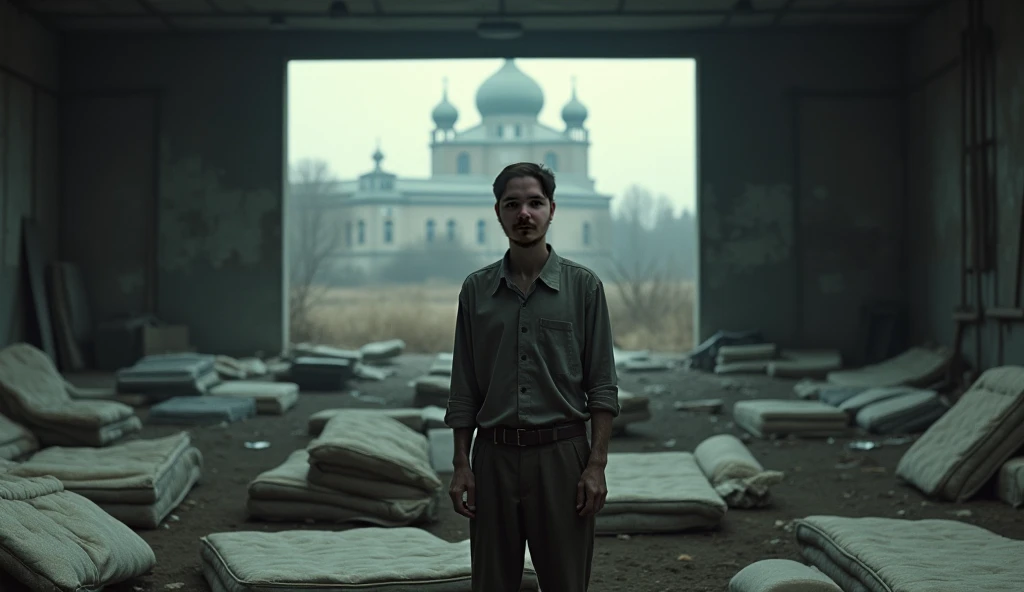 A man in an abandoned warehouse full of mattresses in Saint Petersburg, looks into the camera, his face expressing loneliness, typical Russian buildings visible through the window.