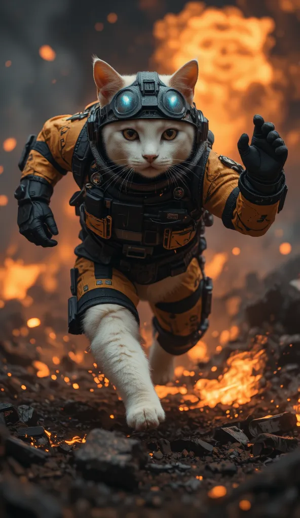 A white cat wearing a fireproof protective suit and a tactical helmet with LED lights ran through the flames to save his injured comrade.