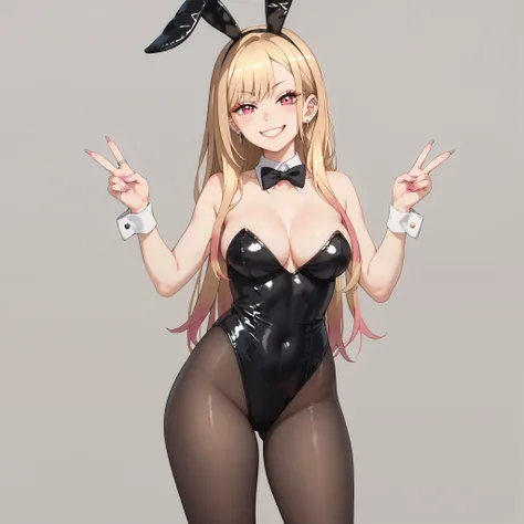 1girl, solo, marin kitagawa, multicolored hair, blonde hair, long hair, magenta eyes, ear piercing, earrings, pink nails, makeup, medium breasts, hips wide, thick thighs, black bunny suit, black tights, blushed, smug smile, beautiful, peace symbol hands, s...