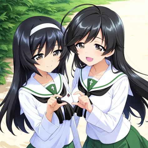  high resolution,  best quality,  Super Quality  ,  two girls、smile、(Reizei Mako、 black hair_Hair band、 Brown Eyes）、(Isuzu Hana ,  black hair,  long hair, stupid hair,  black eyes :1.3)、Uniform up、 ( Oarai school uniform :1.3),White sailor collar,  black n...