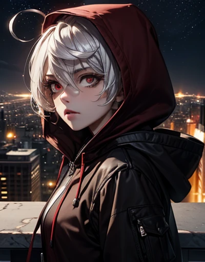 s girl，White hair and red eyes，Black hood，Like a hacker，The background is the city at night，There are stars in the sky 