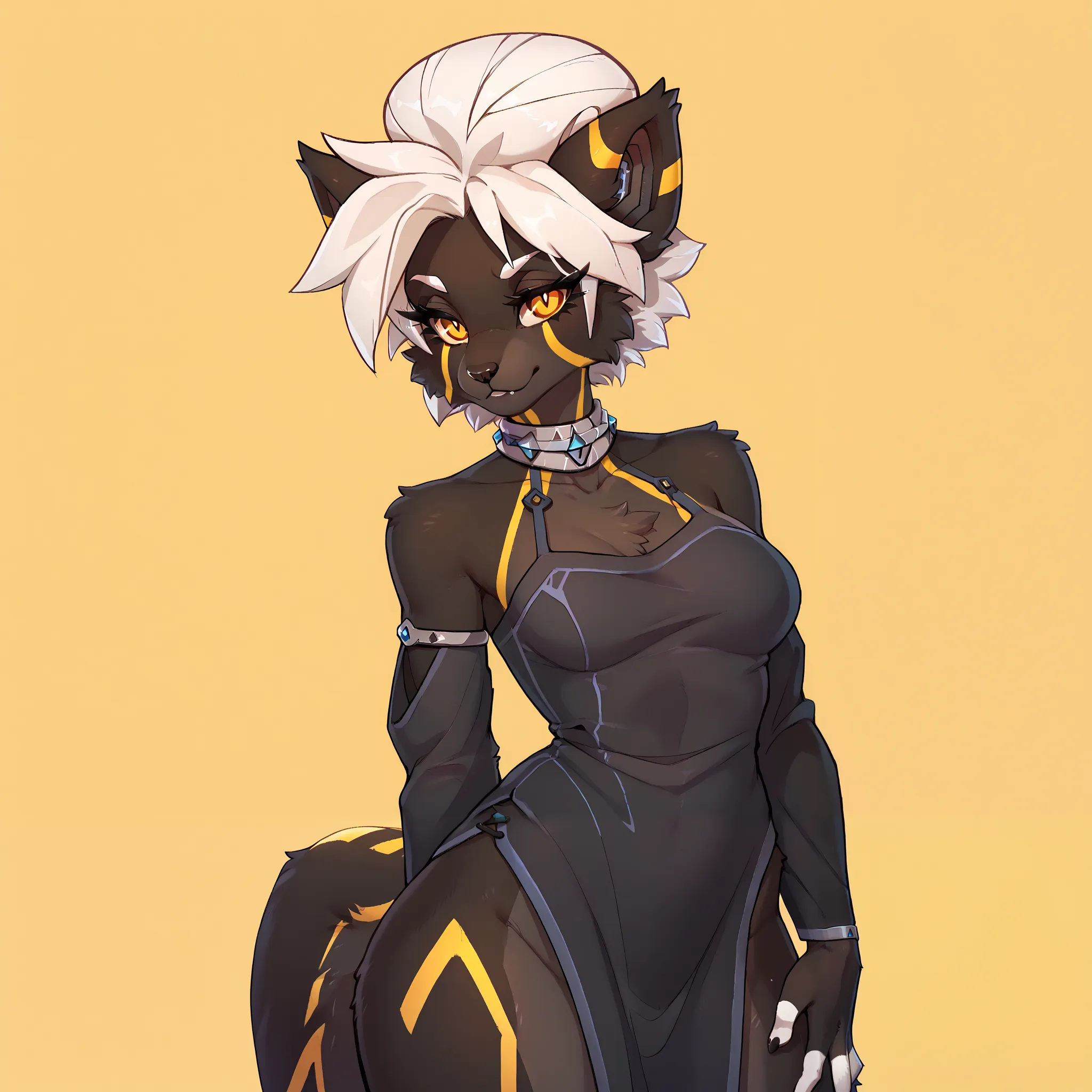 Masterpiece, absurd res, BREAK 
fkwarning, anthro furry wolf girl, white hair, orange eyes, hair bun, black fur, furry, 1girl, solo, tail, yellow markings on tail, neck ring, black dress, side slit, looking at viewer, simple yellow background, standing, na...