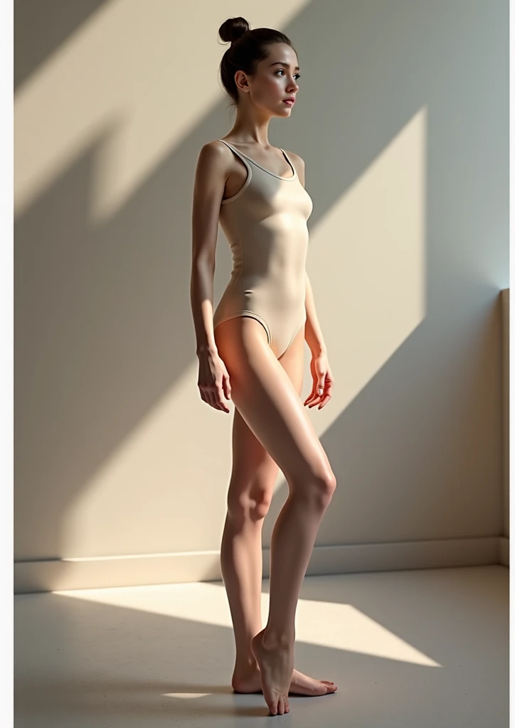 girl posing standing from head to knees. wearing a simple neutral dance leotard. SHe's standing hair tight up