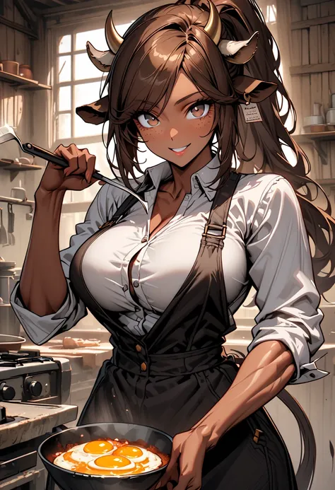 solo, close up, female, broad shoulders, cow horns, very tall female, tan skin, very long brown hair, ponytail, brown eyes, young female, farmhouse, practical dress, button up shirt, overalls, apron, toned, bulky body, muscular, cow tail, thin waist, wide ...