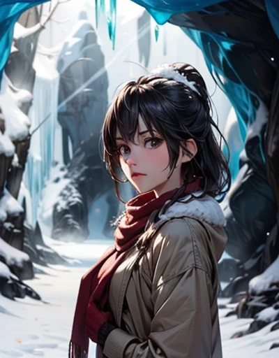 1 girl, Upper body, Single Focus, ice beauty, Outfit inspired by Yuki Onna, A frosty stare, (snowy landscape: 1.4), (blizzard: 1.3), White as snow skin, A cold aura, [Depth of Field, Ambient light, The foreground is covered with snow., Snow Forest backgrou...