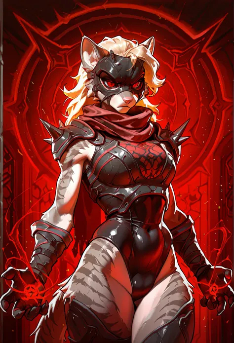 best quality, masterpiece, Absurd res, katxl, anthro furry feline girl, suem4lice, melanch0ly, 1girl, solo, red eyes, blonde hair, snout, pink nose, serious expression, grey striped fur, leotard, scarf, shoulder spikes, mask, armor, magic, red theme,